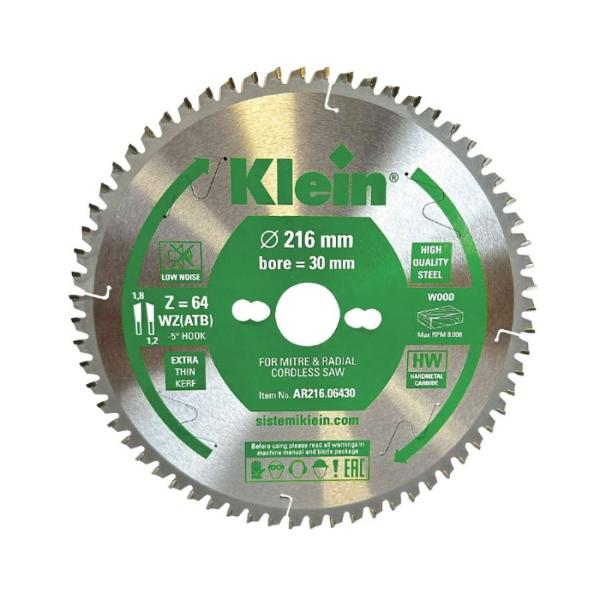Klein støjsvag rundsavsklinge/akku klinge HM 216 mm - snitbredde 2,3 mm, centerhul 30 mm/20 mm/1", Z48, -5°, WZ