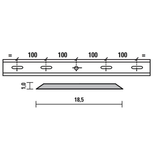 Esta standard knive HSS 500x18,5x1,0 mm, 1 hul/4 riller, centerafstand 100 mm