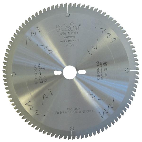 Klein støysvakt sirkelsagblad HM (PVC/plexiglass) 300 mm, skjærebredde 2,6 mm, senterhull 30 mm, Z96, -3°, WZ/FA